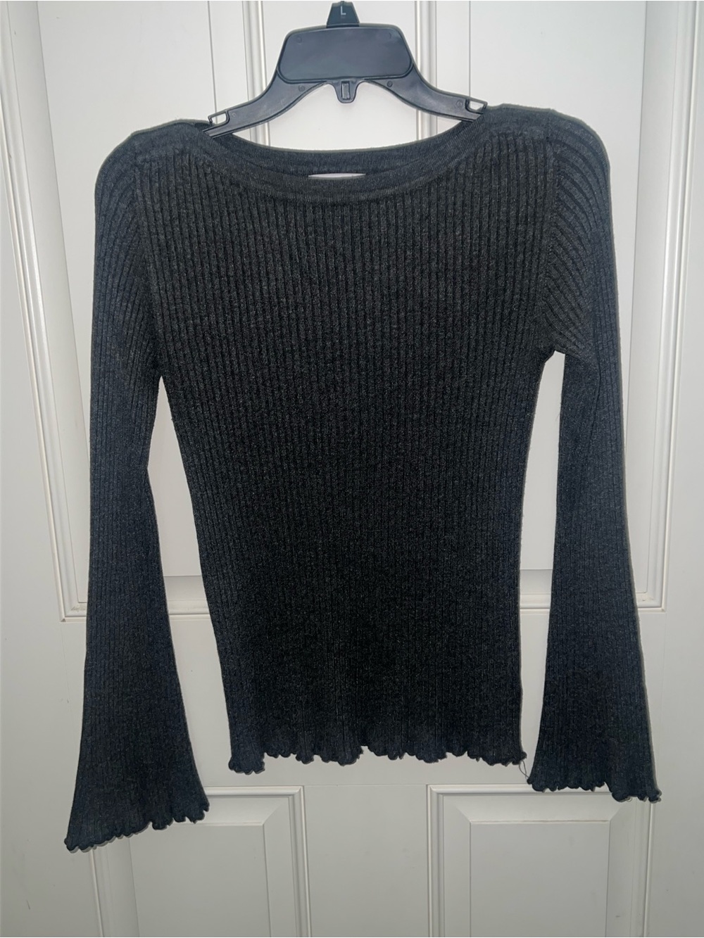Vtg Y2k‎ Bongo Charcoal Gray Bell Long Sleeve Knit Top W/Lettuce Hem Sz Small